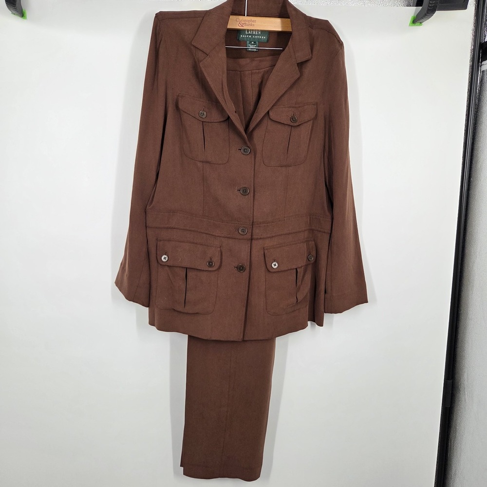 Lauren Ralph Lauren 100% Silk Pant Suit Brown Safari Jacket M Pants Petite 10P
